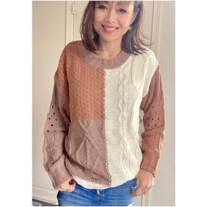020 Cozy Color Block Loose Fit Sweater Top